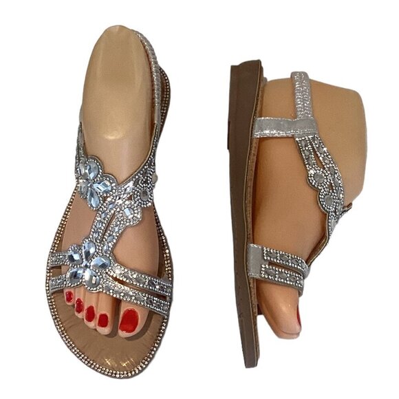 Dressy BOHO Rhinestone Flower Silver Flat Comfort Sandal Sz 38 US 7.5 #292G - Picture 4 of 8
